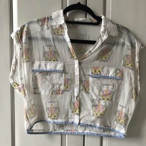 White linen crop top with Aztec god print